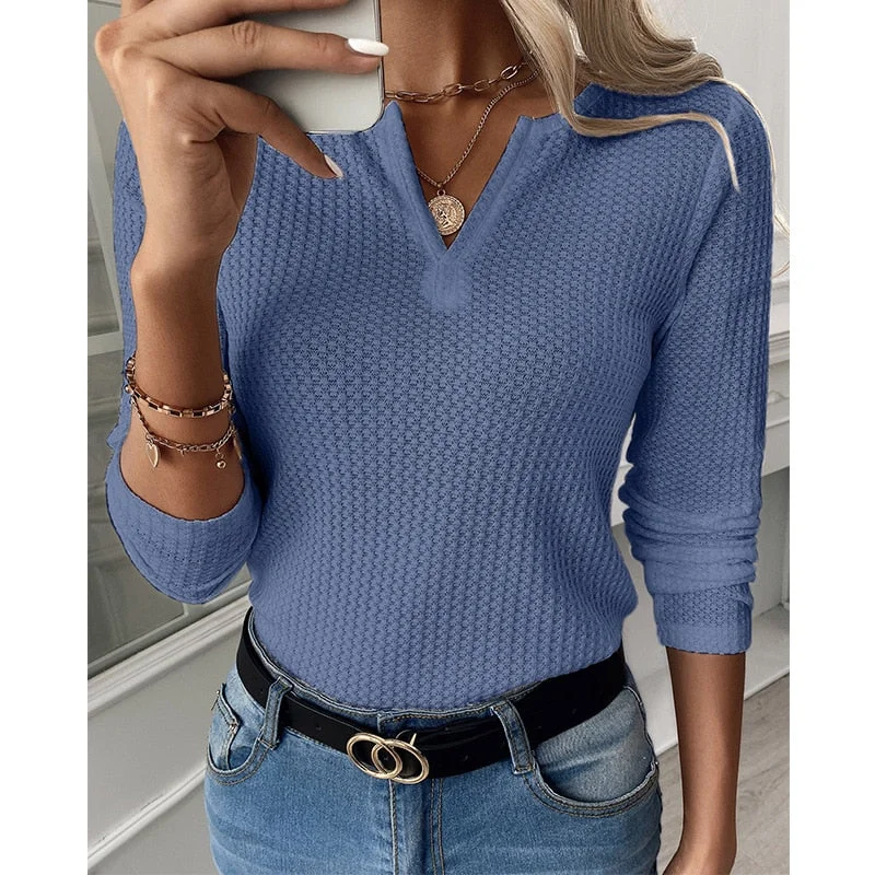 2021 new V-neck long-sleeved waffle mesh long-sleeved shirt top for women