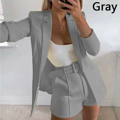 2Pcs Set Outfits Women Blazer Suit Co-Ord Set Long Sleeve Solid Jacket Tops + Shorts Ladies Office Work Casual Business Suit Sets