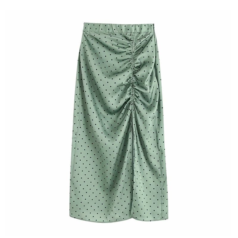 TRAF Women Vintage Elegant Polka Dot Pleated Midi Skirt Fashion Elastic Waist Side Zipper Slit Female Skirts Chic Faldas Mujer