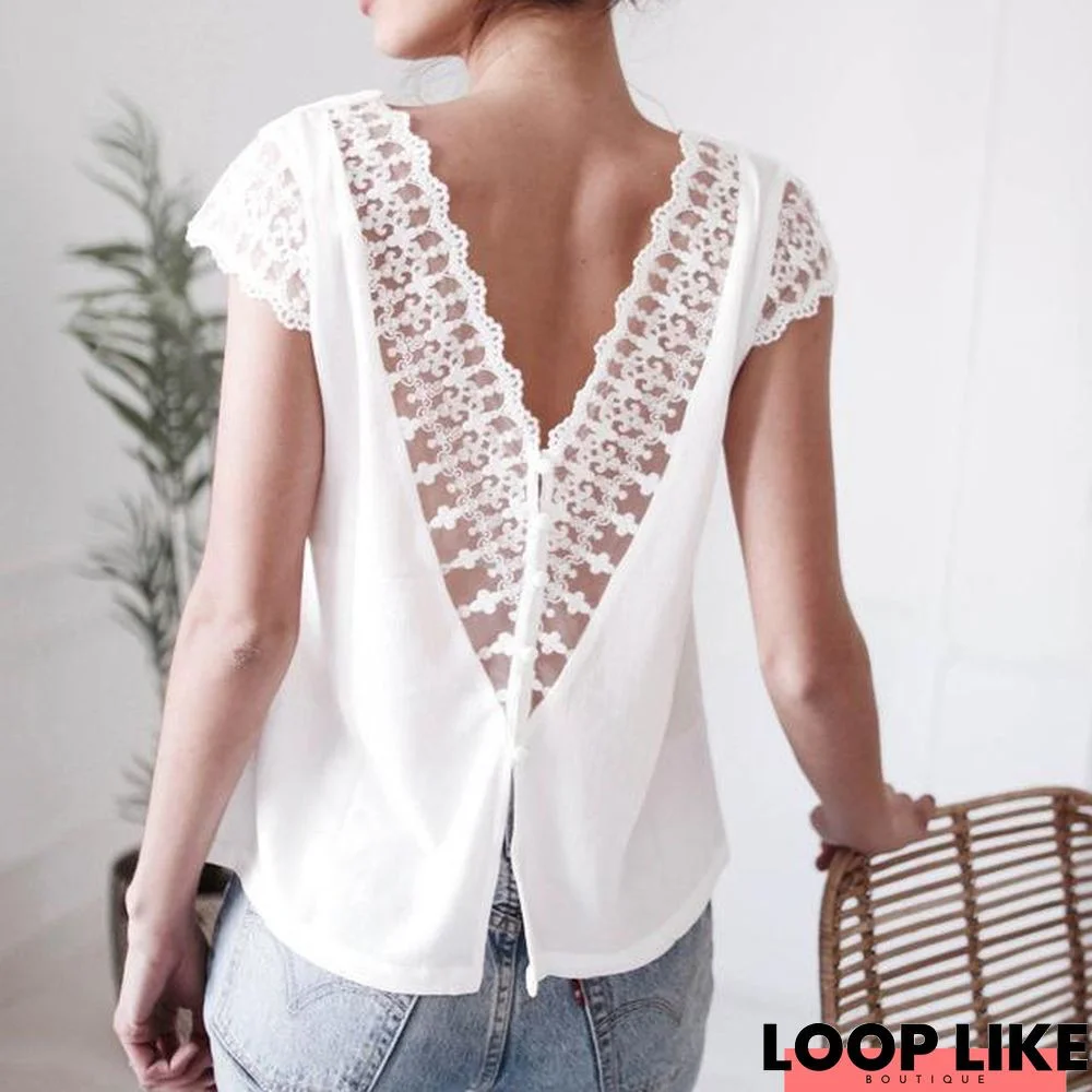 Women's Blouses Elegant Lace Backless Button Fashion Woman Blouses V-Neck Blouses