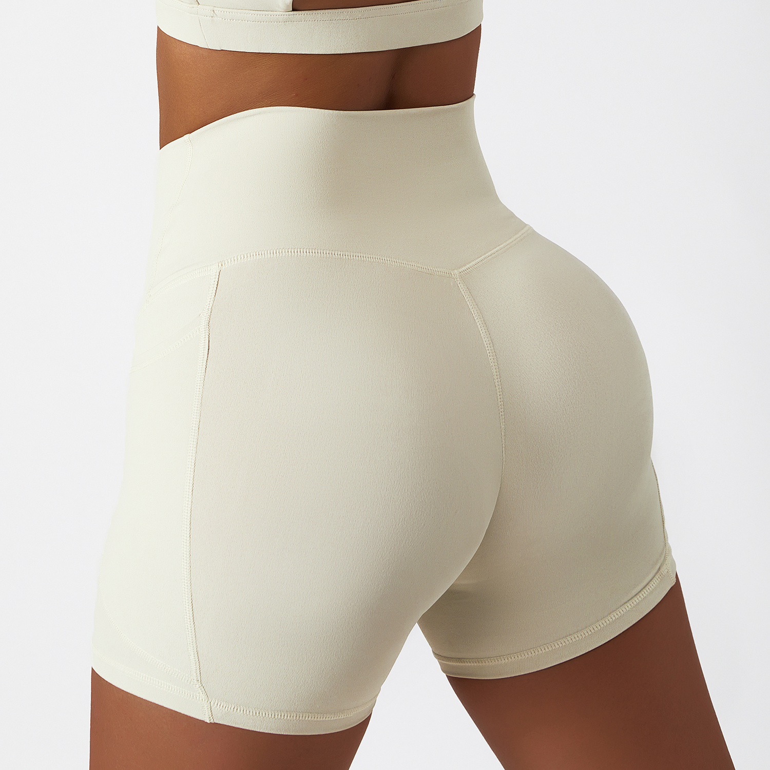 Buy Cream Apricot high rise no camel toe squat proof tummy control comfort lightweight buttery soft thin opaque fitness gym shorts of high quality on Hergymclothing 