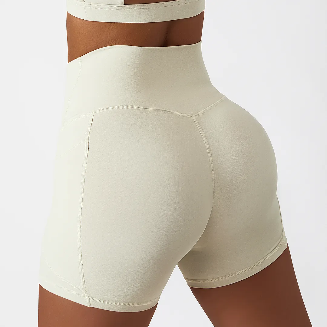 Buy Cream Apricot high rise no camel toe squat proof tummy control comfort lightweight buttery soft thin opaque fitness gym shorts of high quality on Hergymclothing 