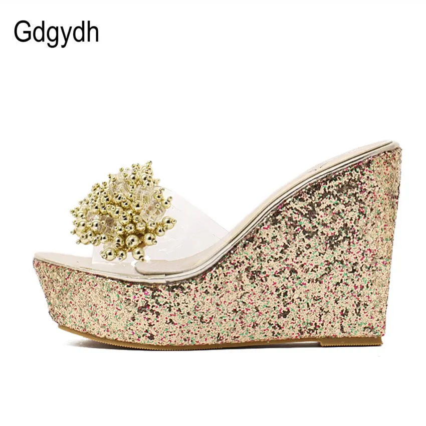 Gdgydh Rhinestone Wedges Sandals Women 2021 New Summer Sexy Trifle Slides Casual Beading Open Toe Female Sandals Platform Shoes