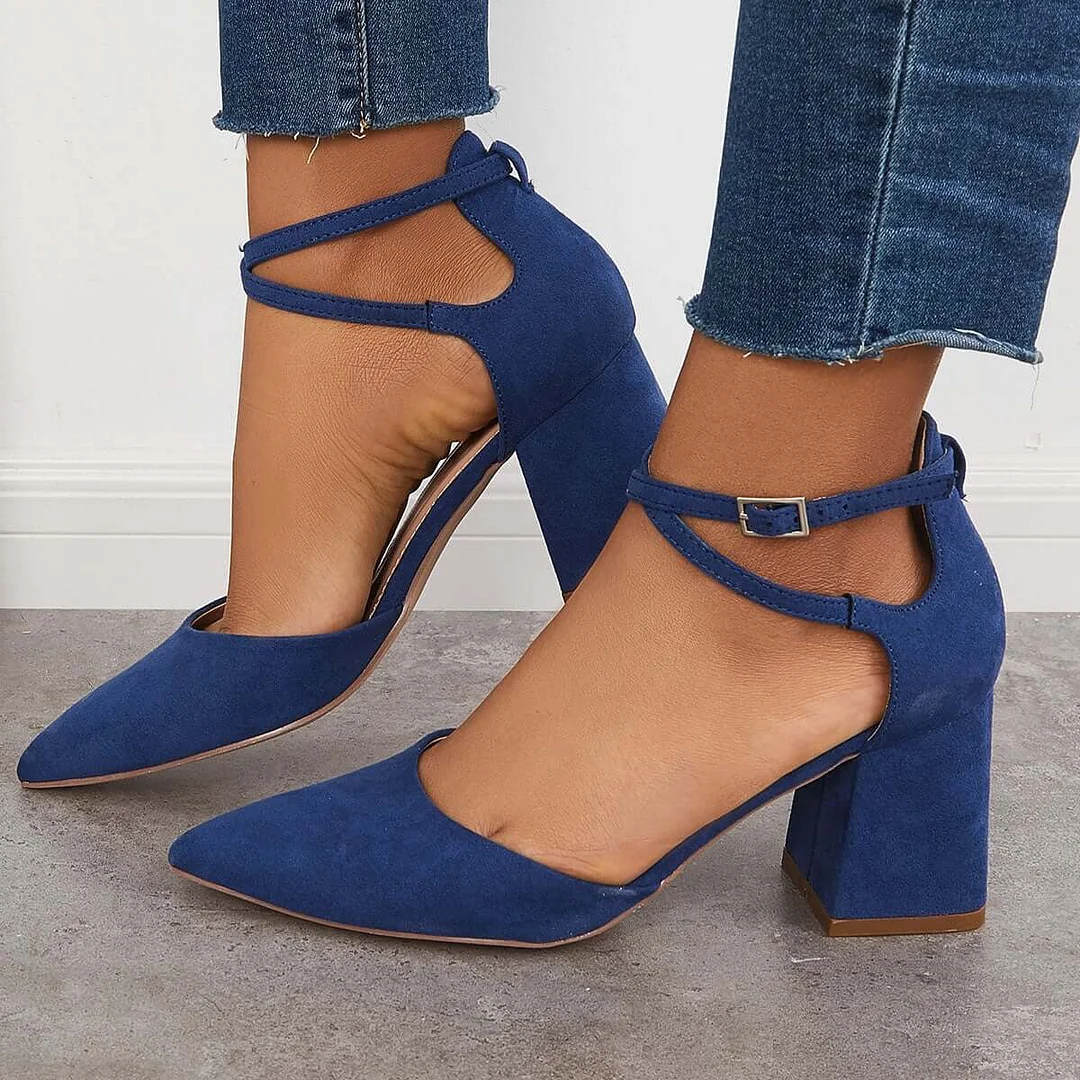 Chunky Block Low Heel Pumps Pointed Toe Ankle Strap Heels