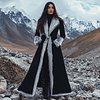 Women's Vintage Black Ethnic Style Silver Fox Fur Trim Suede Jacket Long Afghan Coat by Inlyline