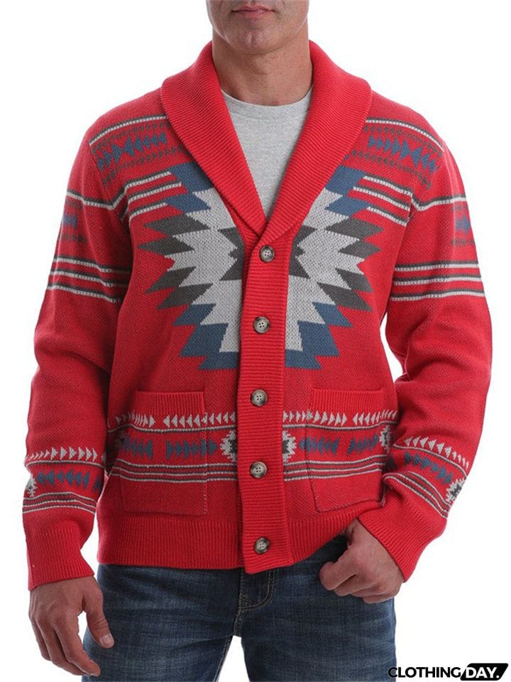 Stylish Red Charming Jacquard Lapel Sweater Men's T-shirts