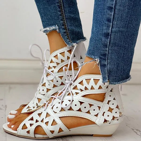 Hollow Out Lace-Up Pu Wedge Sandals