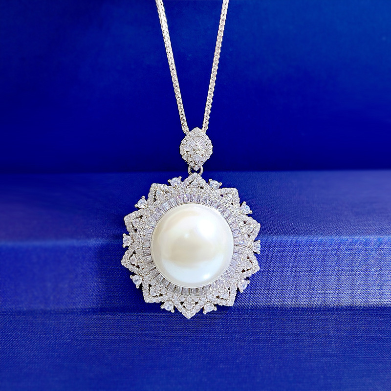 MIKAMU 16mm Pearl Pendant Necklace with Diamond-Encrusted S925 Silver Sunflower Pendant