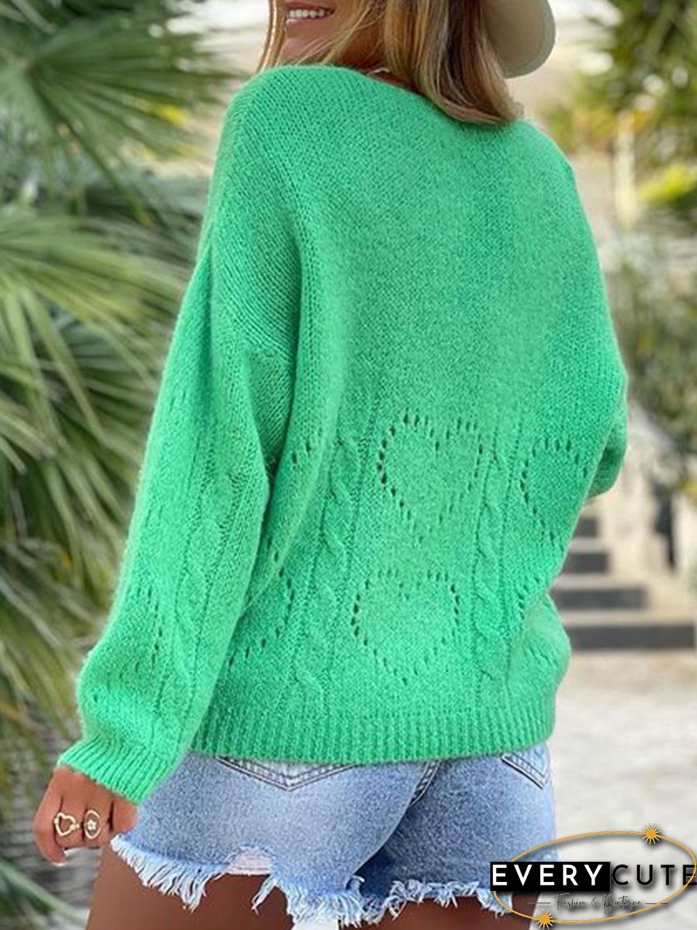 Plain Casual V neck Green Sweater