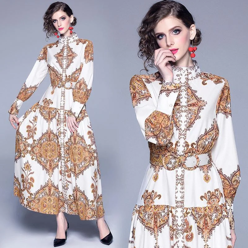 Women's retro loose print long-sleeved big swing dress