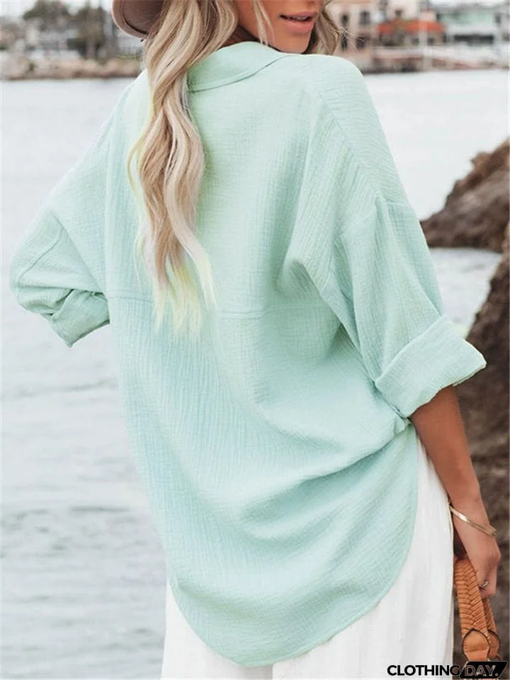 Women Lapel Buttons Long Sleeve Blouses With Pocket