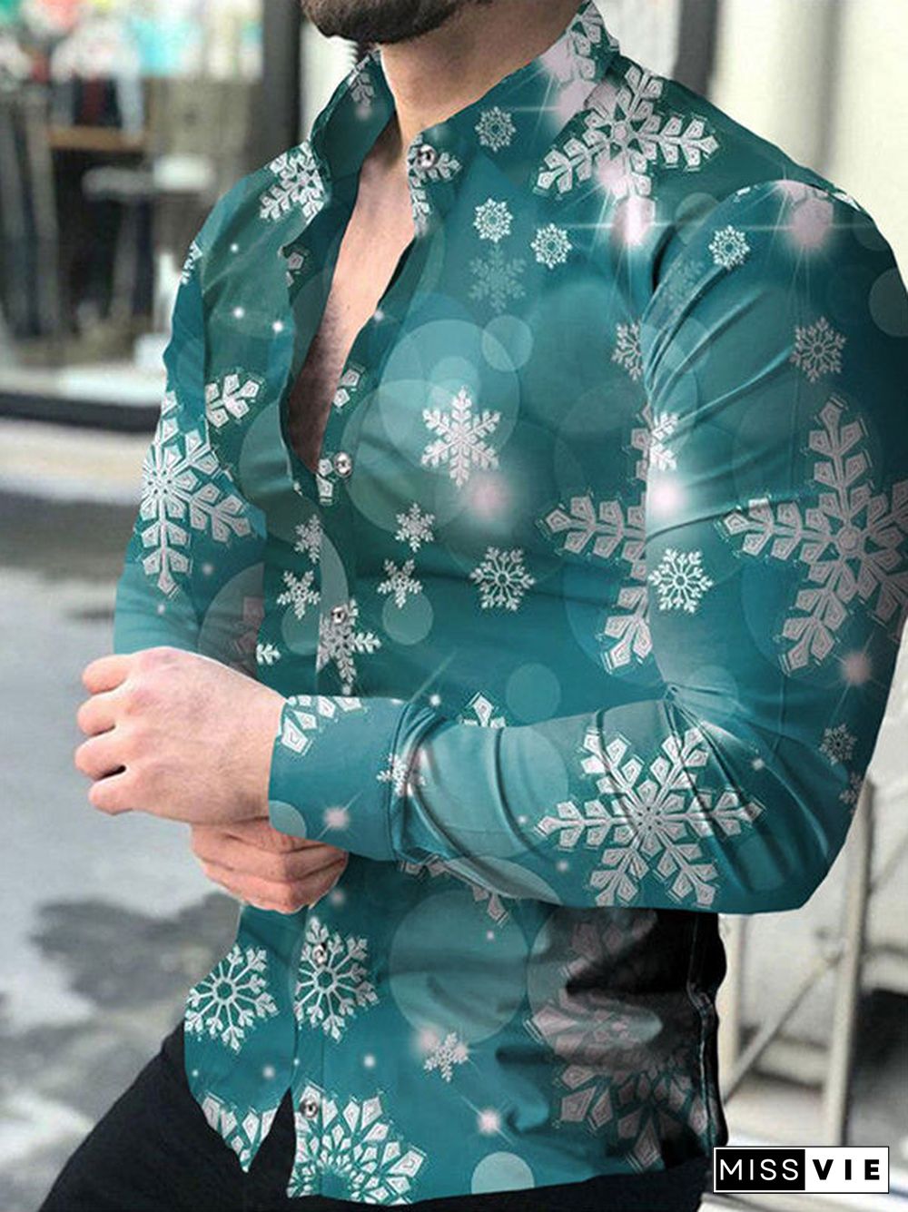 Men Long Sleeve V-neck Christmas Graphic Printed Buttons Shirts