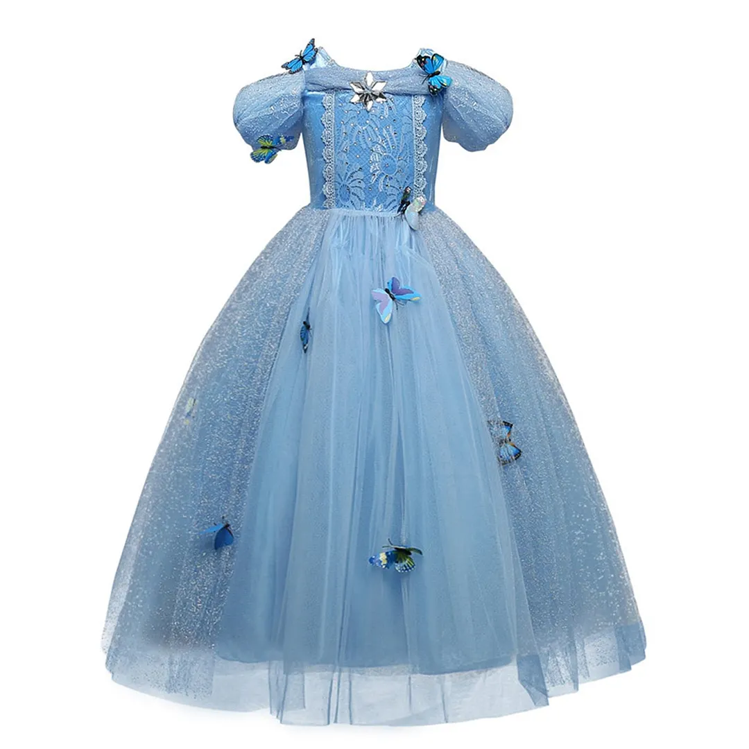 4-10T Girls Party Princess Dress Baby Girls Summer Elegant Long Sleeve Blue Dresses Birthday Party Fantasy Ball Dress