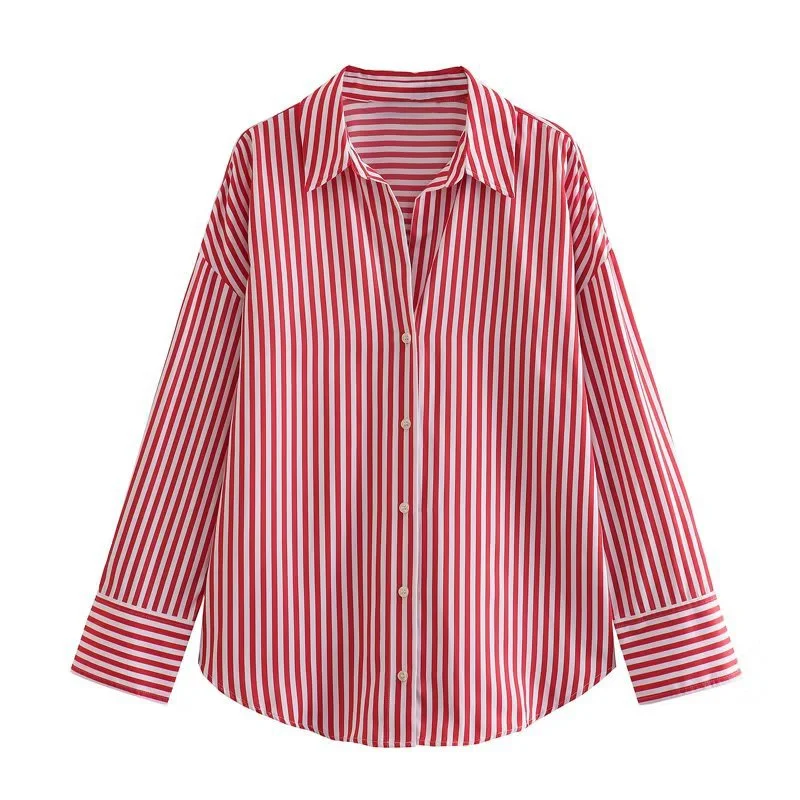 Toloer Toloer 2023 New Women's Long Sleeve Lapel Loose Striped Silk Shirt 4387036-Outfit Ideas