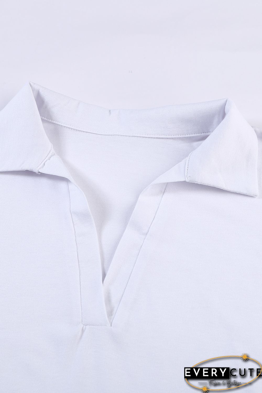 White Collared V Neck Drop Sleeves T-shirt