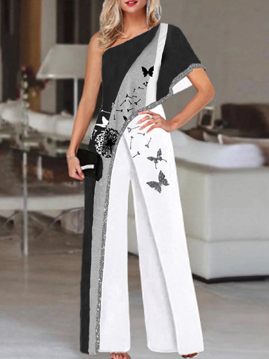 Fashion Dandelion Color Block Print Off-shoulder Jumpsuit Women