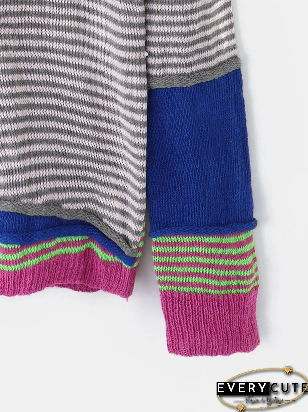 Stripe Long Sleeve Button Contrast Color Sweater for Women