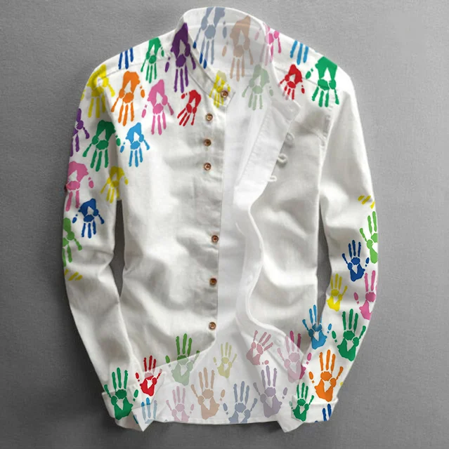 Men's Casual Colorful Palm Print Stand Collar Long Sleeve Shirt