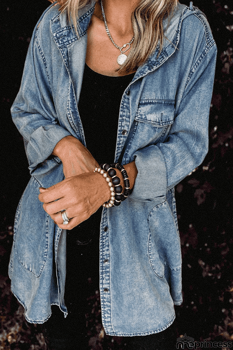 Daily Solid Patchwork Turndown Collar Long Sleeve Straight Denim Jacket