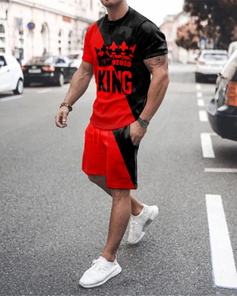 Men's Black-red Hit Color KING Printed Casual Short-sleeved Suit