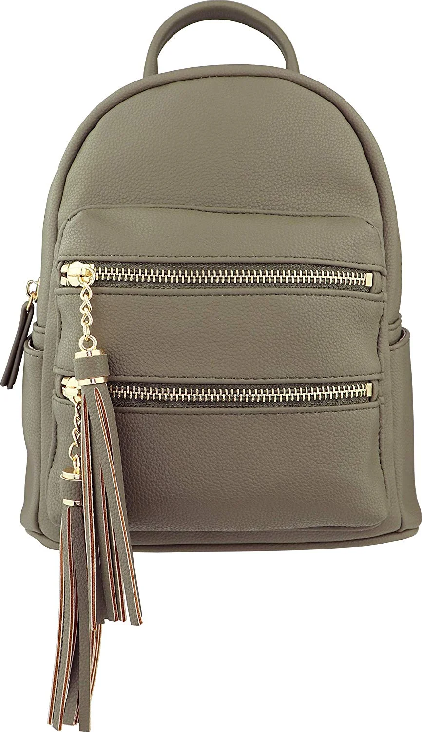 Vegan Multi-Zipper Top Handle Mini Backpack with Tassel Accents