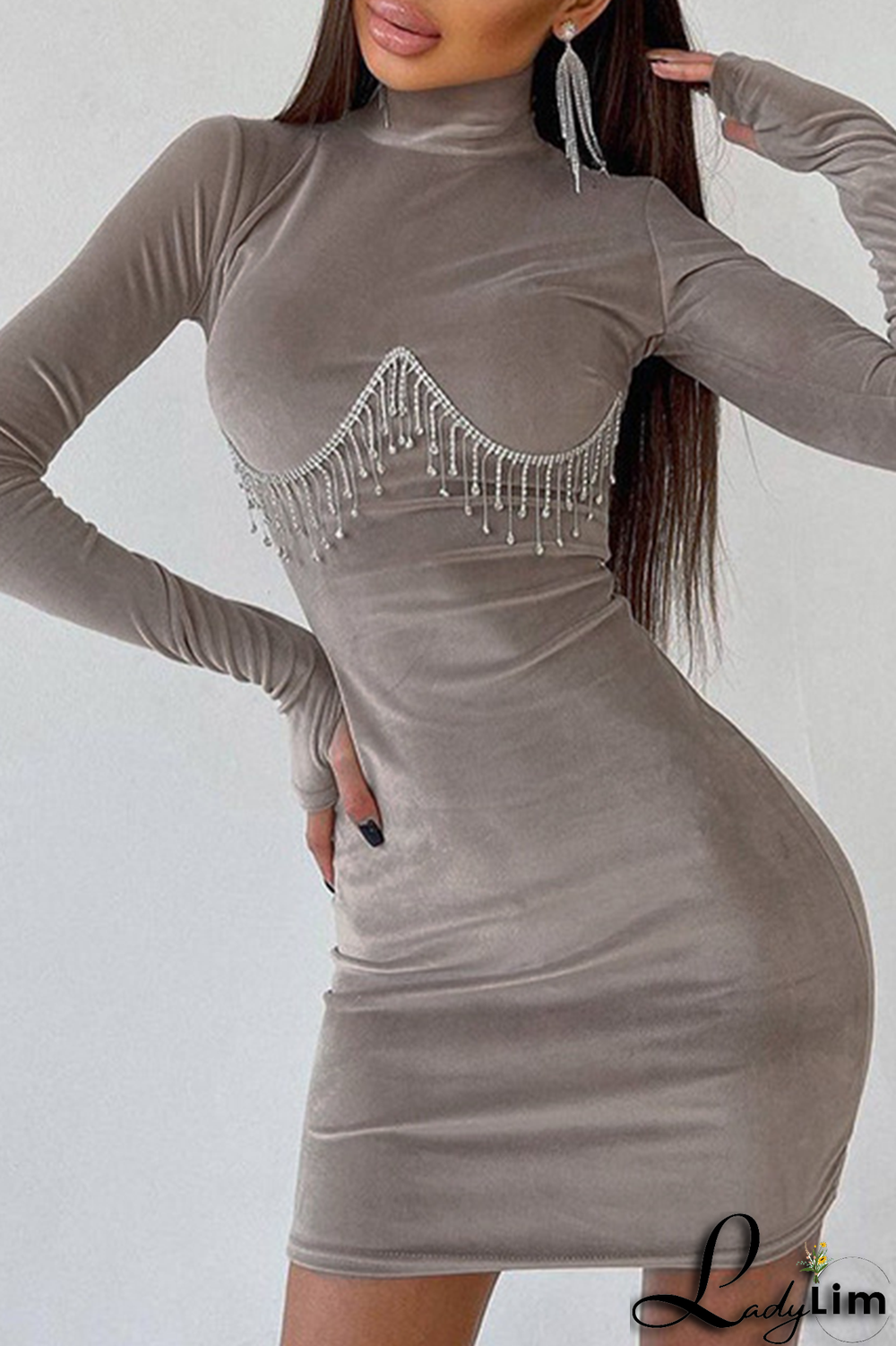 Rose Red Sexy Solid Rhinestone Half A Turtleneck Pencil Skirt Dresses