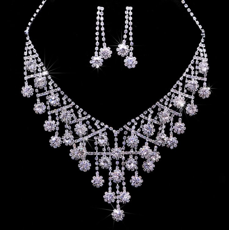 Full Rhinestone Flow Comb V-Clavicle Necklace Earrings