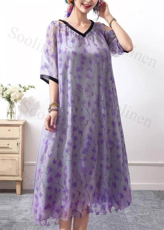 New Purple V Neck Print Silk Long Dresses Summer