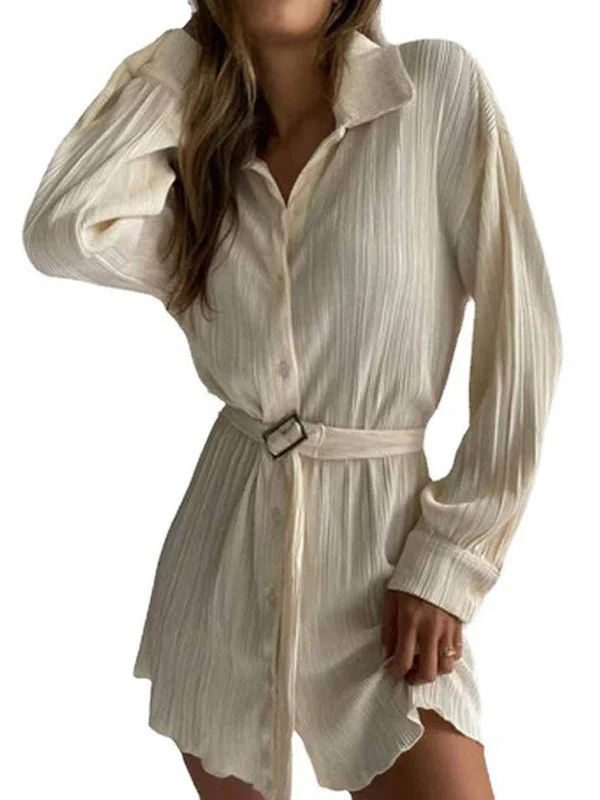 Long Sleeves Buttoned Pleated Solid Color Tied Waist Lapel Mini Dresses Shirt Dress
