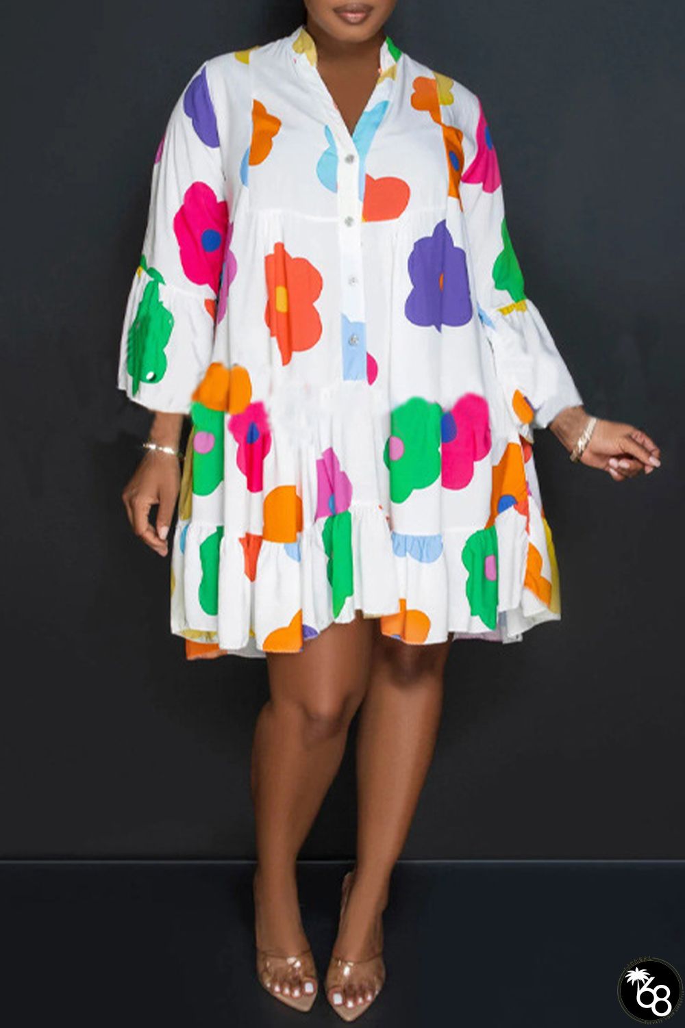 White Casual Print Patchwork Buttons Fold V Neck A Line Dresses | 168DEAL