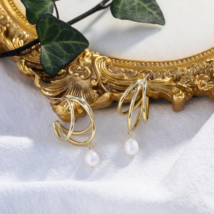 Multi-Layer Metal Hoop Pearl Earrings