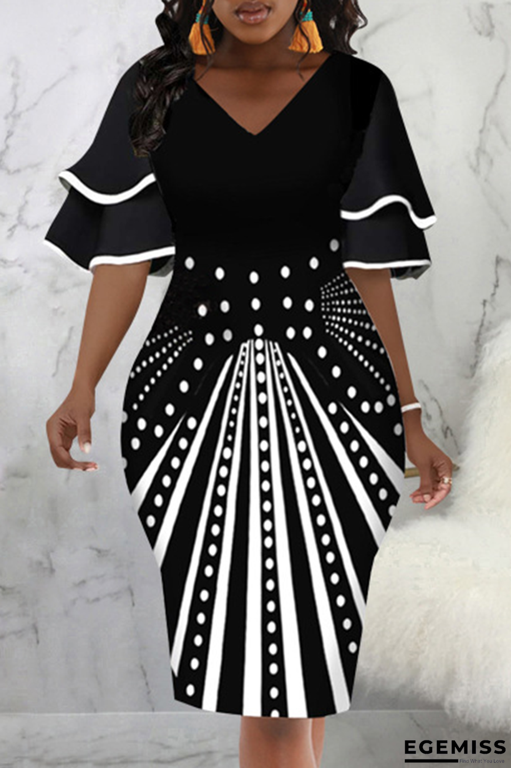 Black Fashion Print Flounce V Neck Pencil Skirt Dresses | EGEMISS