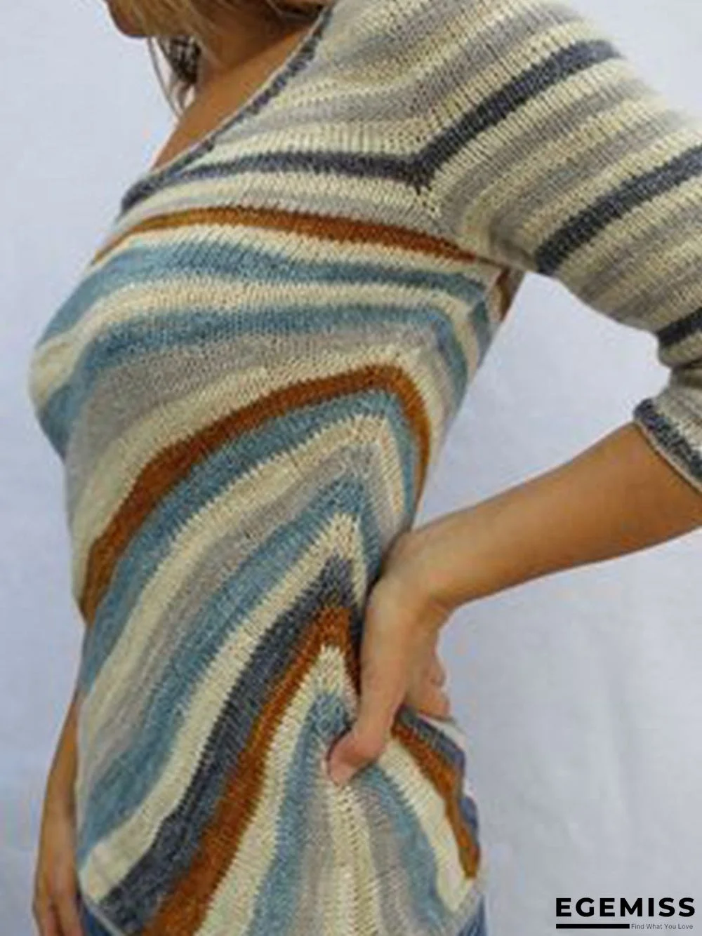 Color-Block Knitted Stripes 3/4 Sleeve Sweater | EGEMISS