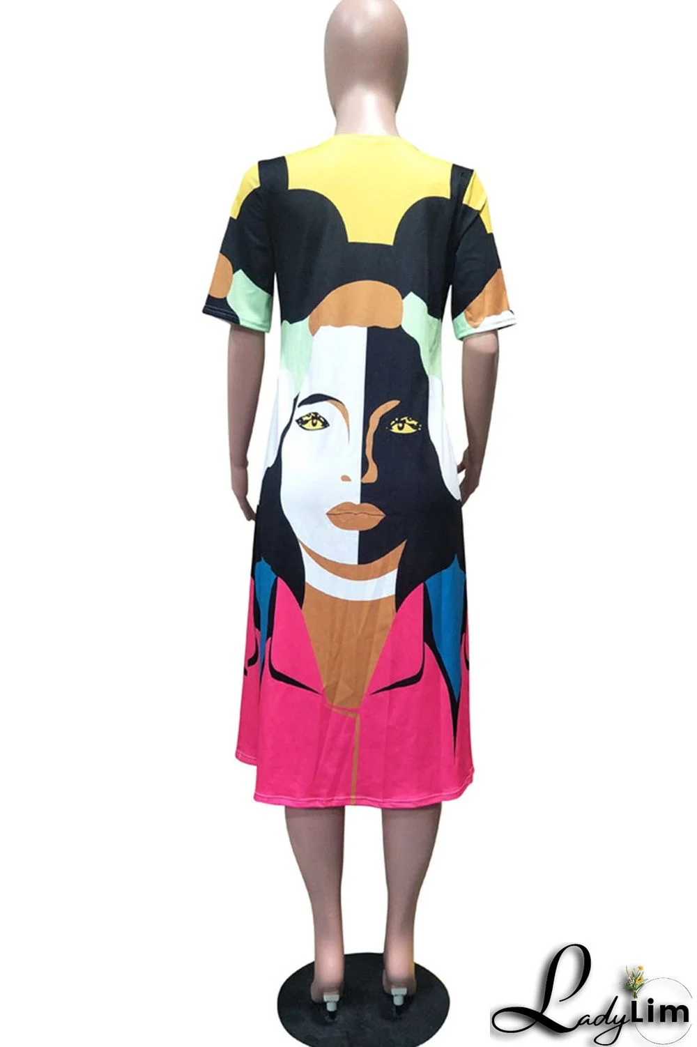 Multicolor Fashion Casual Print Basic O Neck Short Sleeve Dress