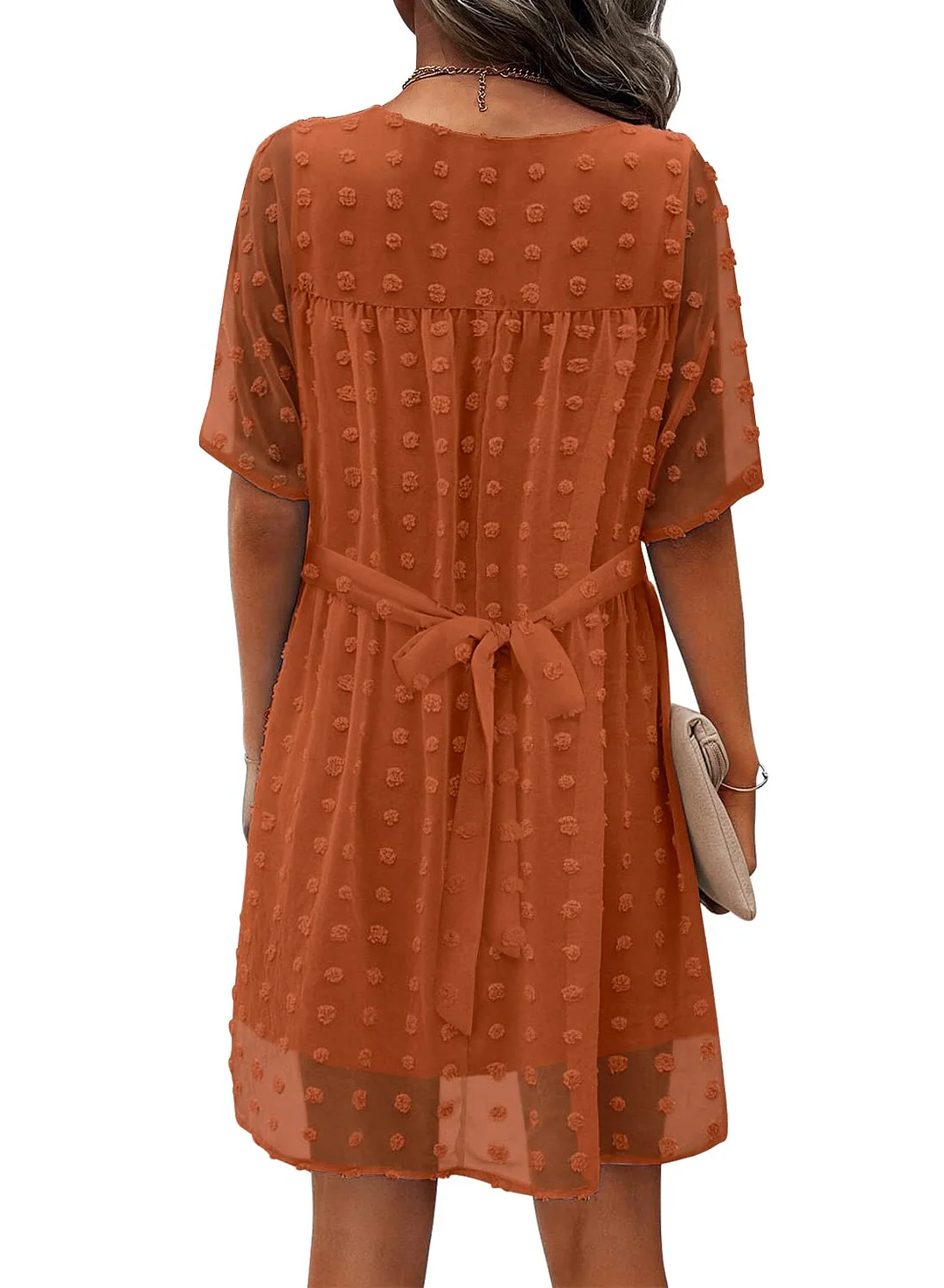 MIHOLL Women's V Neck Short Sleeve Ruffle Loose Summer Flowy Mini Dress