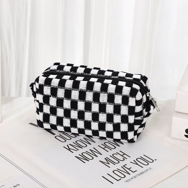 JOURNALSAY Creative Checkerboard Large Capacity Pencil Cases Zipper Knitted Office