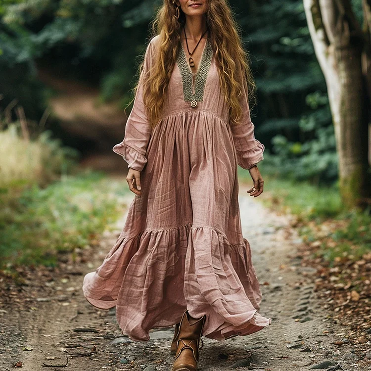 Women's Linen Bohemian Casual Long Sleeves Maxi Dress