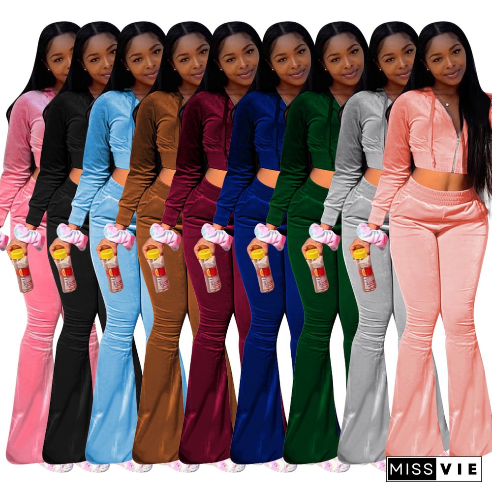 Velvet Solid Zipper Hooded Crop Tops Flare Pants Set