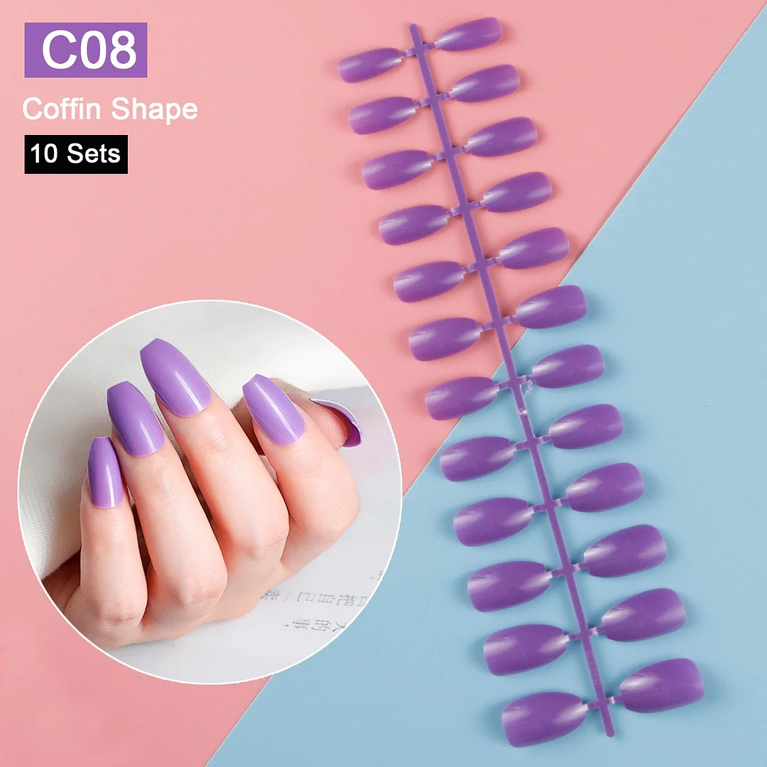 10 Sets/Pack Mixed Solid Colors Coffin Round Square Almond Shape False Nails Full Cover Nail Tips Short Fake Nails Tip Manicure-Nail Inspo