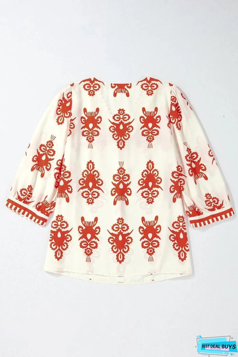 Orange Vintage Geometric Printed 3/4 Sleeve V Neck Blouse