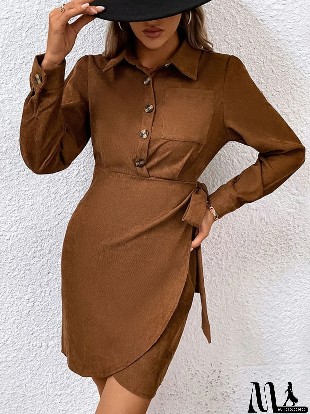 MidiSono - Button-Down Collared Neck Long Sleeve Side Tie Dress