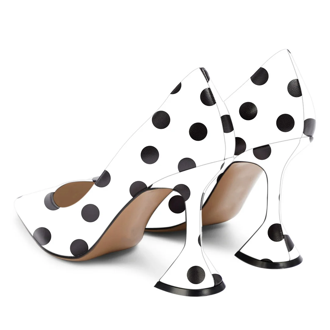 Black & White Polka Dot Vegan Leather Pointed Pumps with Flared Heel
