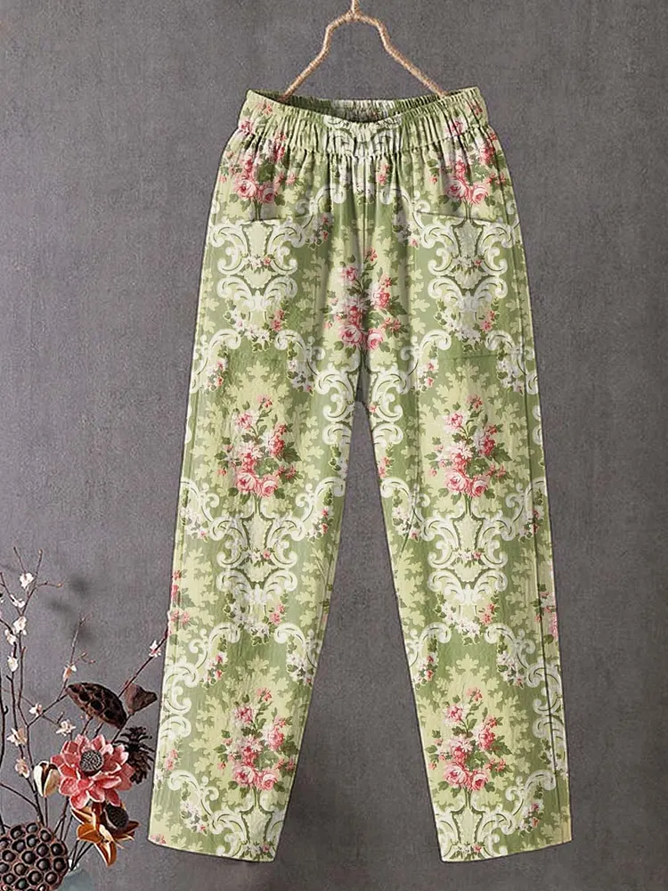 Women's Vintage Floral Art Printed Cotton And Linen Casual Pants