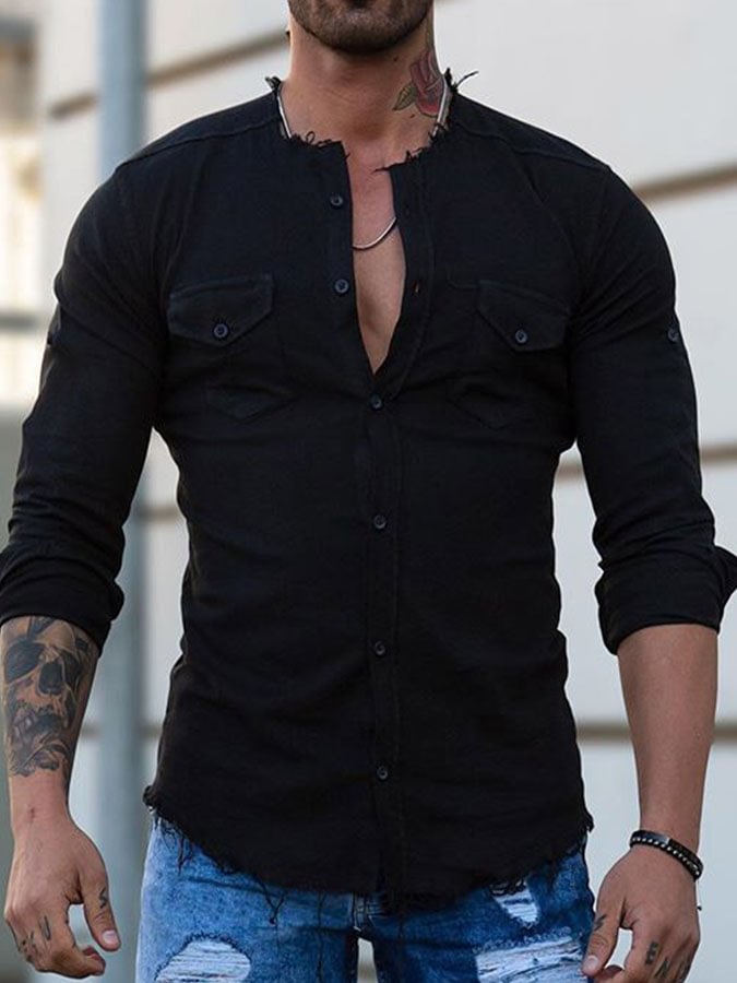 Men's Black Casual Long-sleeved Shirt