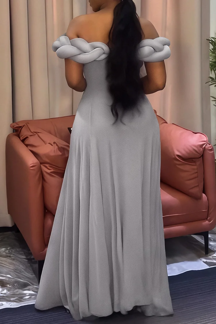 Plus Size Formal Grey Off The Shoulder 3D Elegant Mermaid Maxi Dresses [Pre-Order]