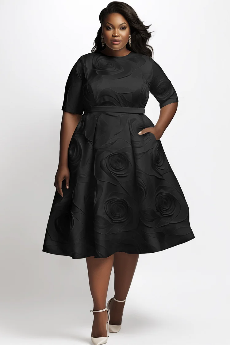 Xpluswear Design Plus Size Wedding Guest Black Round Neck Short Sleeve Pocket Midi Dresses [Pre-Order] 2024 - Xpluswear