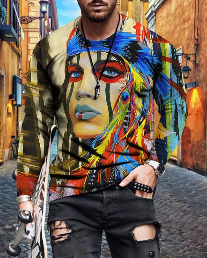 men's abstract portrait printing long-sleeved T-shirt