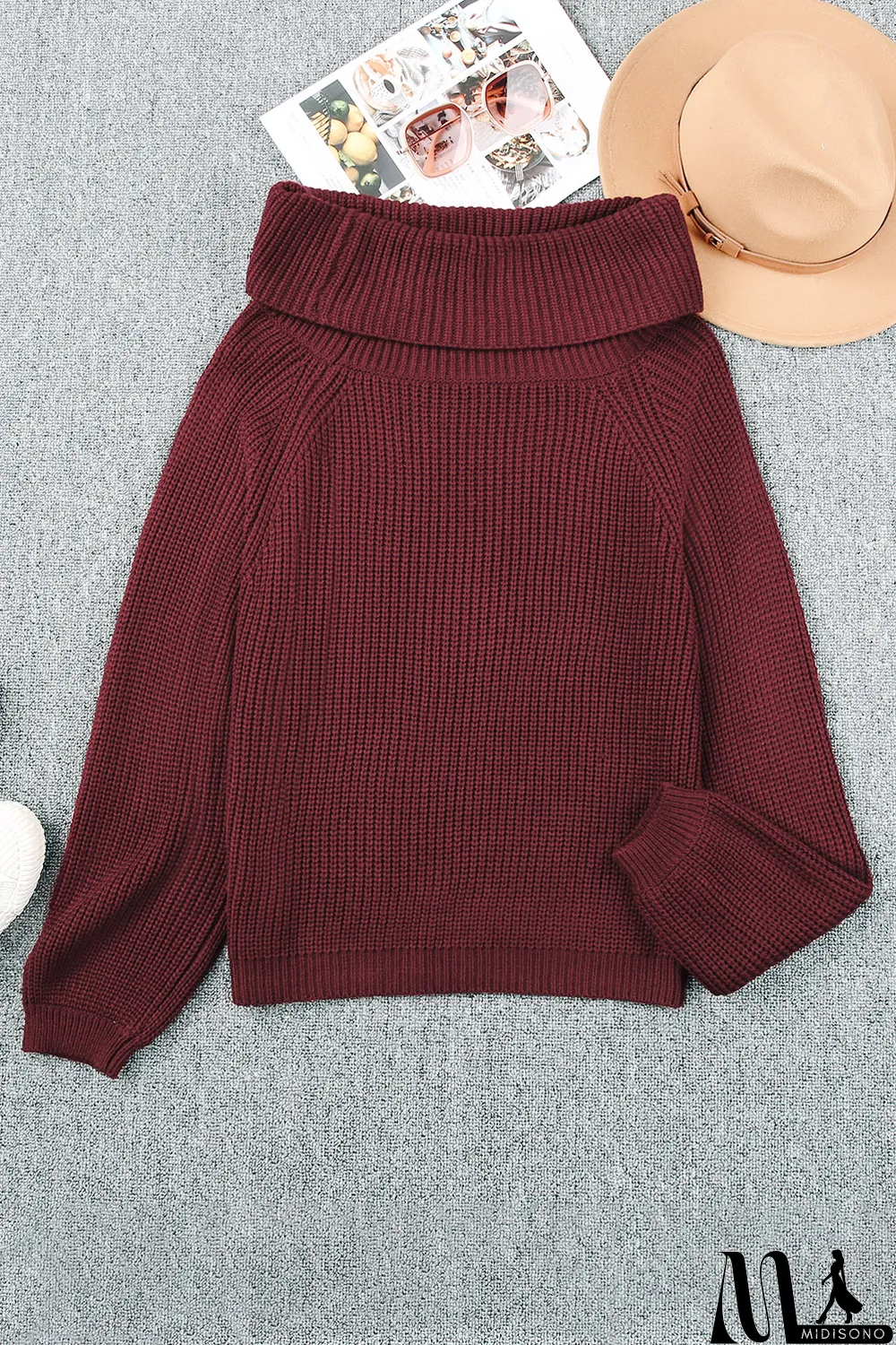 MidiSono - Red Ribbed Knit Foldover Off Shoulder Sweater