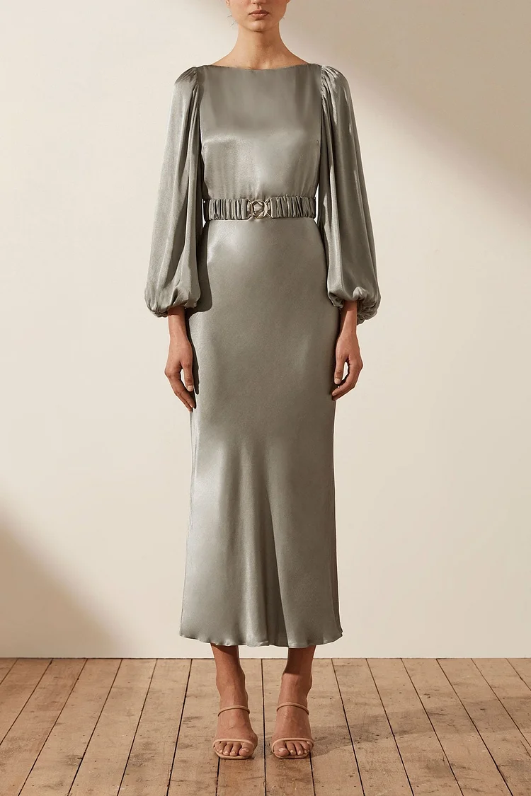 La Lune Balloon Sleeve Midi Dress With Belt - Sage