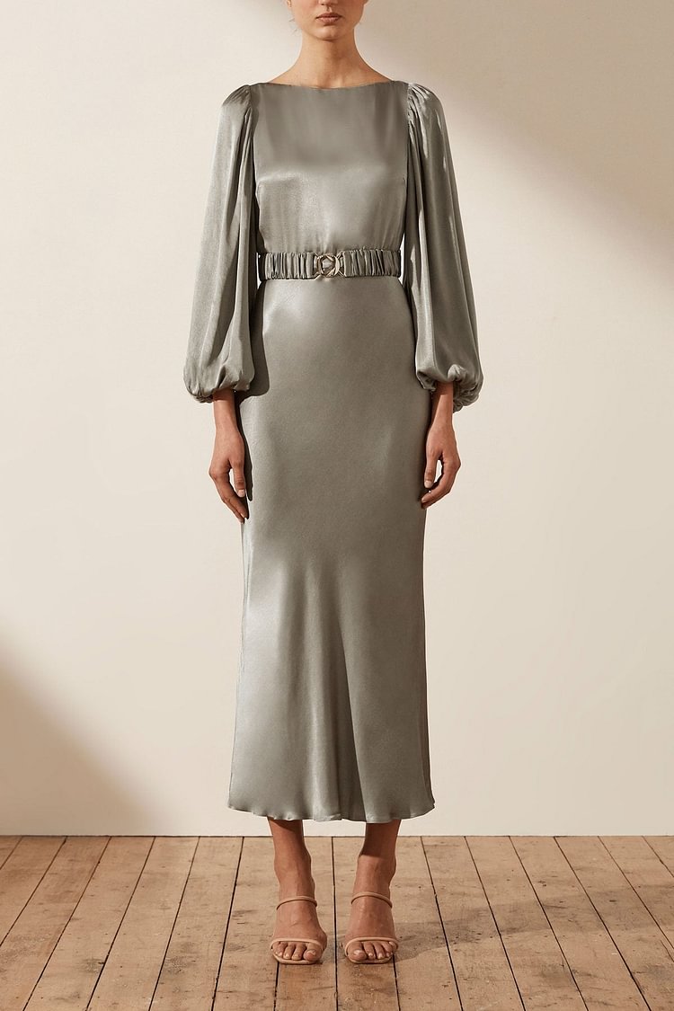 La Lune Balloon Sleeve Midi Dress With Belt - Sage